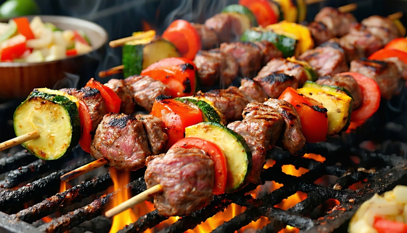 Freshly grilled kebabs and vegetables sizzling on the grill at The Bombay Grillz