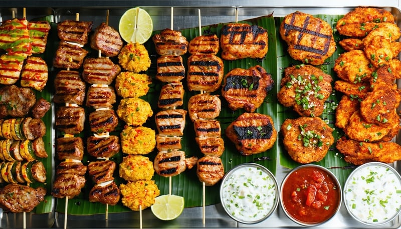 A colorful spread of Indian street food and grills at The Bombay Grillz cafe.