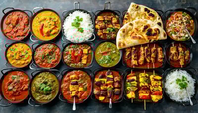 A colorful spread of Indian dishes including curry, naan, and grilled kebabs.