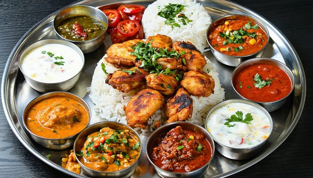 A vibrant platter of Indian dishes served at The Bombay Grillz food cafe